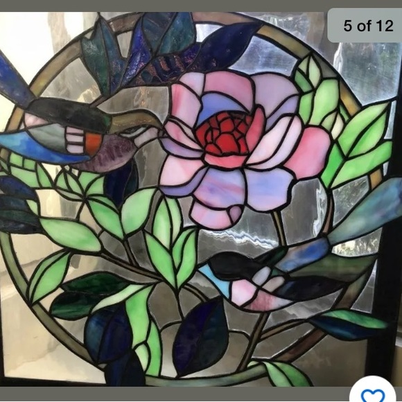 🍀SOLD 🍀Vintage Birds & Flower Leaded Stained Glass 18" - Picture 4 of 8